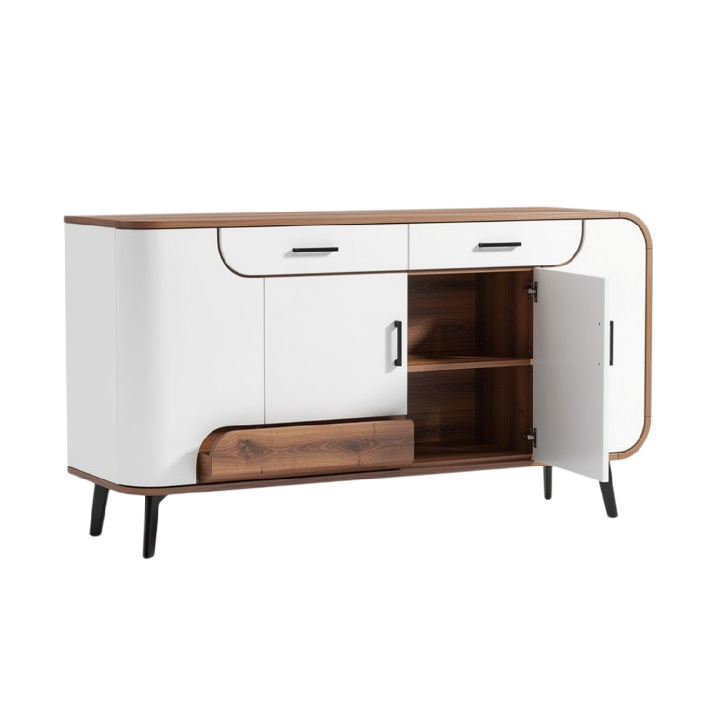**Titre technique : Meuble de rangement moderne en bois et finition blanche, avec portes et étagères réglables**
