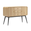 **Meuble de rangement en bois clair avec portes striées et pieds en métal**