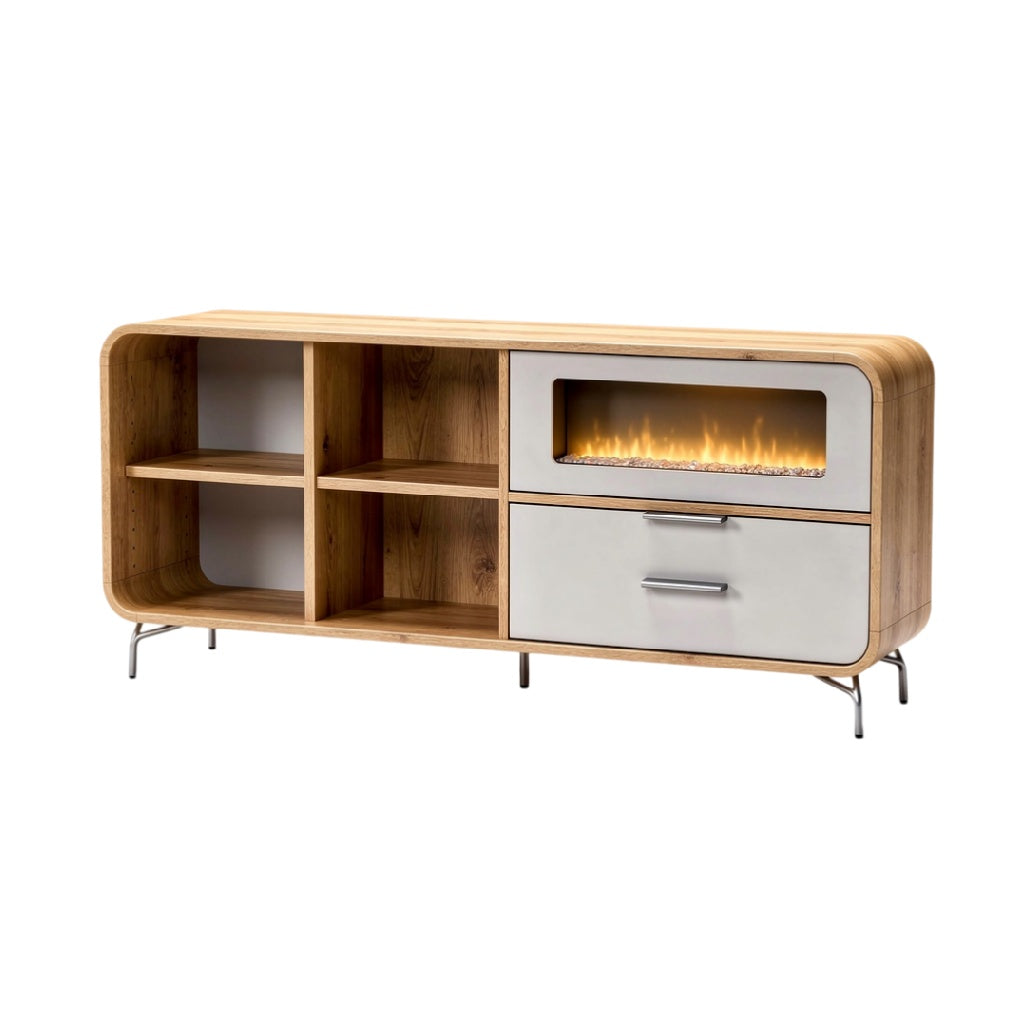 **Titre technique : Meuble TV moderne en bois avec cheminée intégrée**