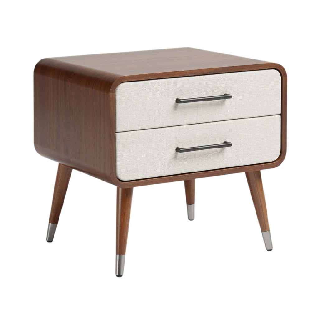 **Table de nuit moderne en bois avec tiroirs blancs et pieds en métal**