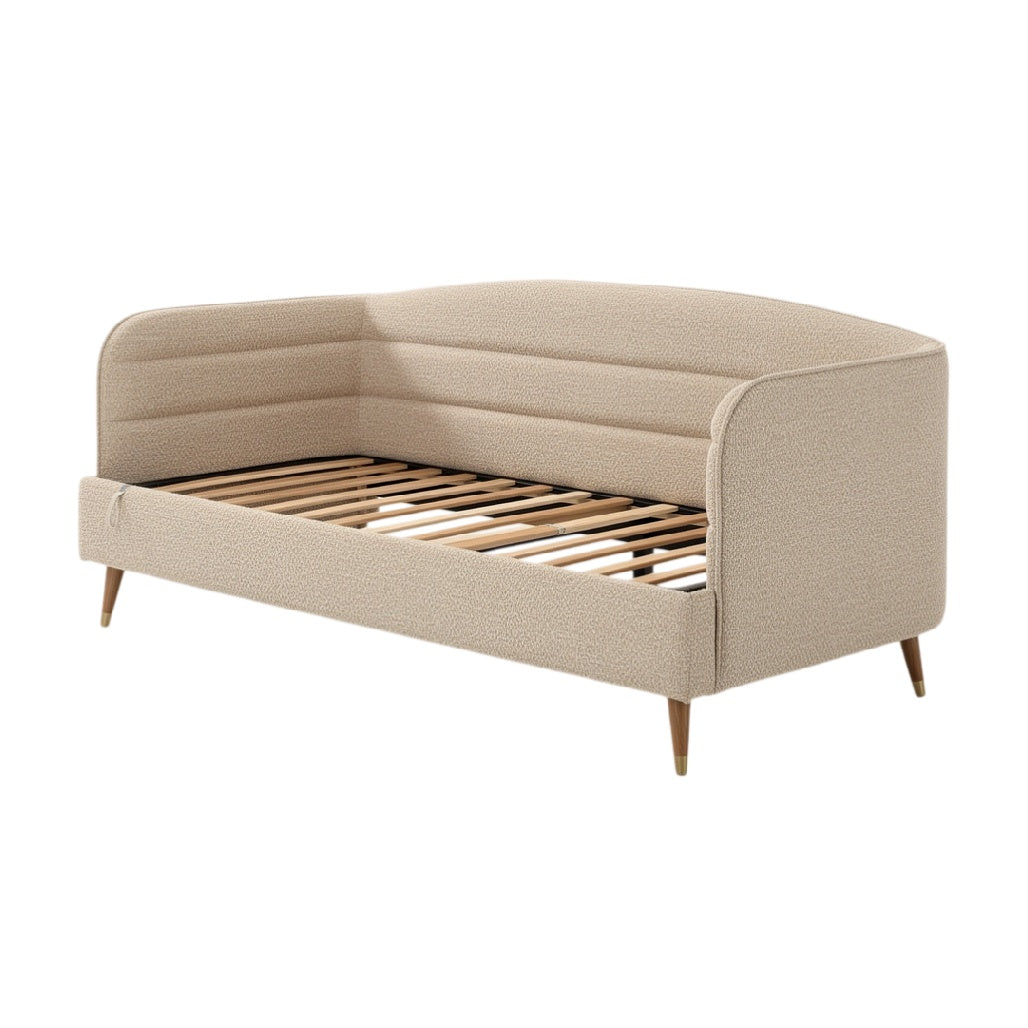 **Canapé-lit moderne en tissu beige avec structure en bois**